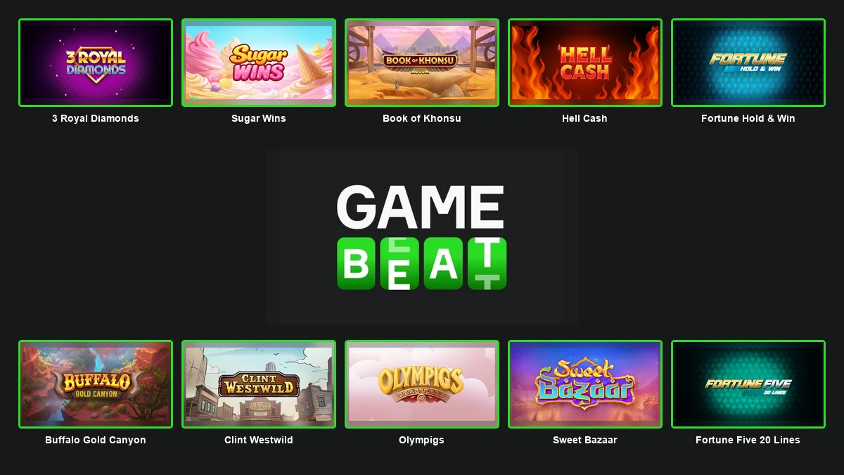 GameBeat logo centred between ten complete branded game thumbnails