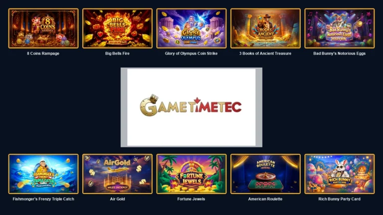 GameTimeTec logo centred between ten complete branded game thumbnails