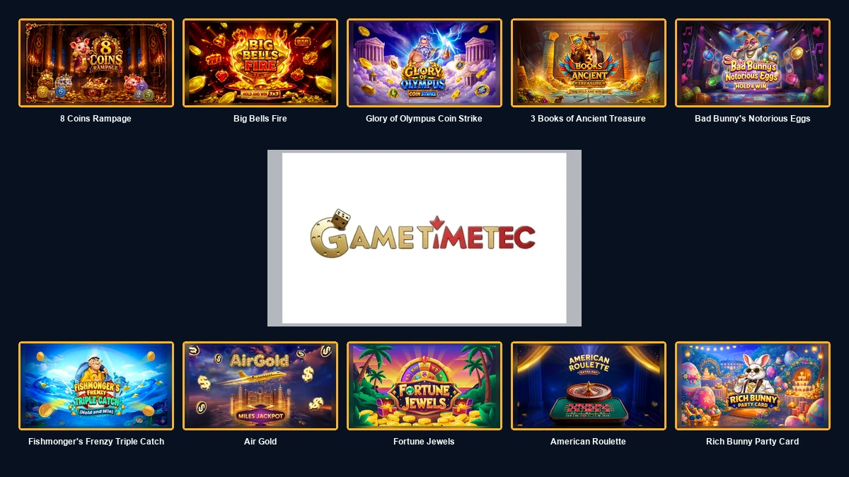 GameTimeTec logo centred between ten complete branded game thumbnails