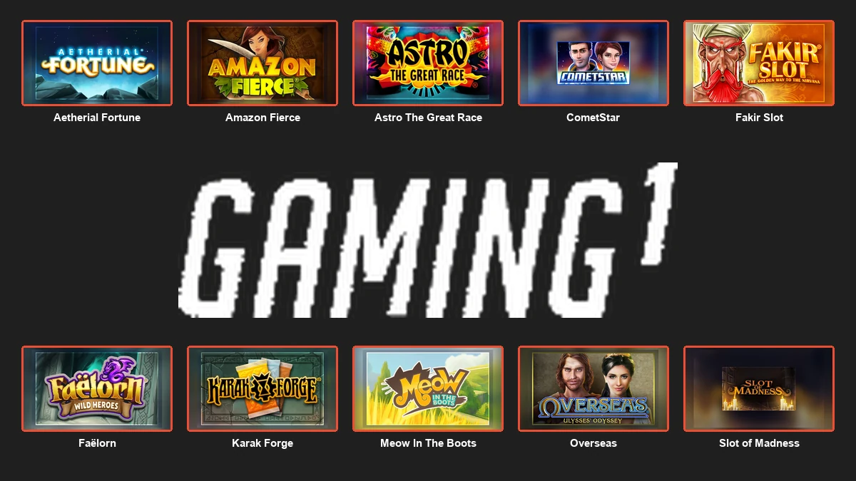 Gaming1 logo centred between ten complete branded game thumbnails