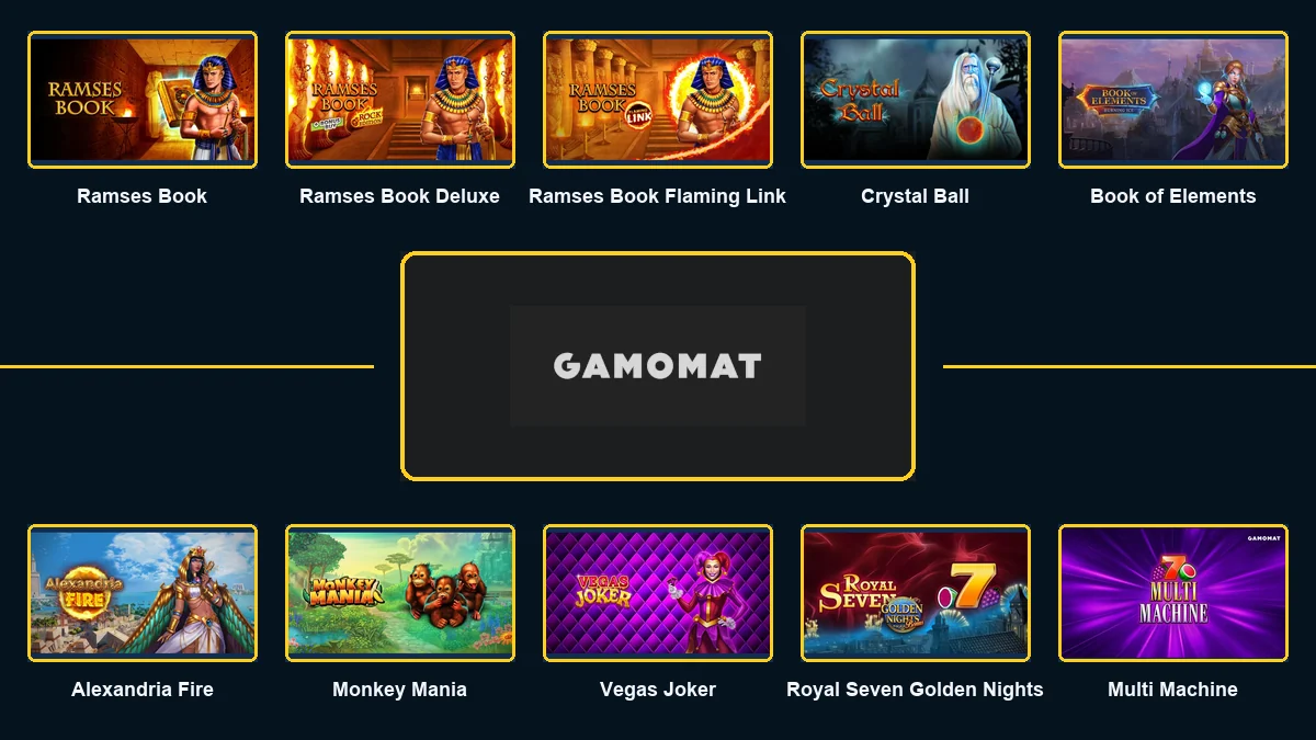 GAMOMAT logo surrounded by ten featured games
