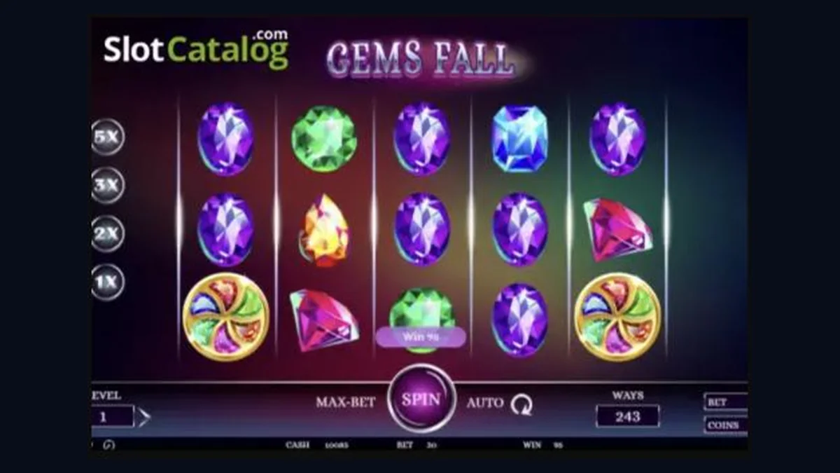 Gems Fall gameplay screenshot showing the reels and controls