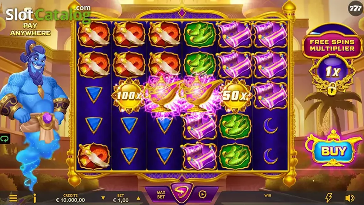 Genie's Arabian Riches gameplay screenshot showing the reels and game interface
