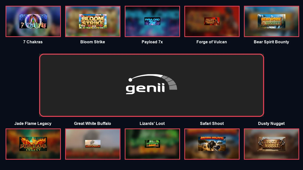 Genii family image with the full provider logo centred among ten branded game thumbnails