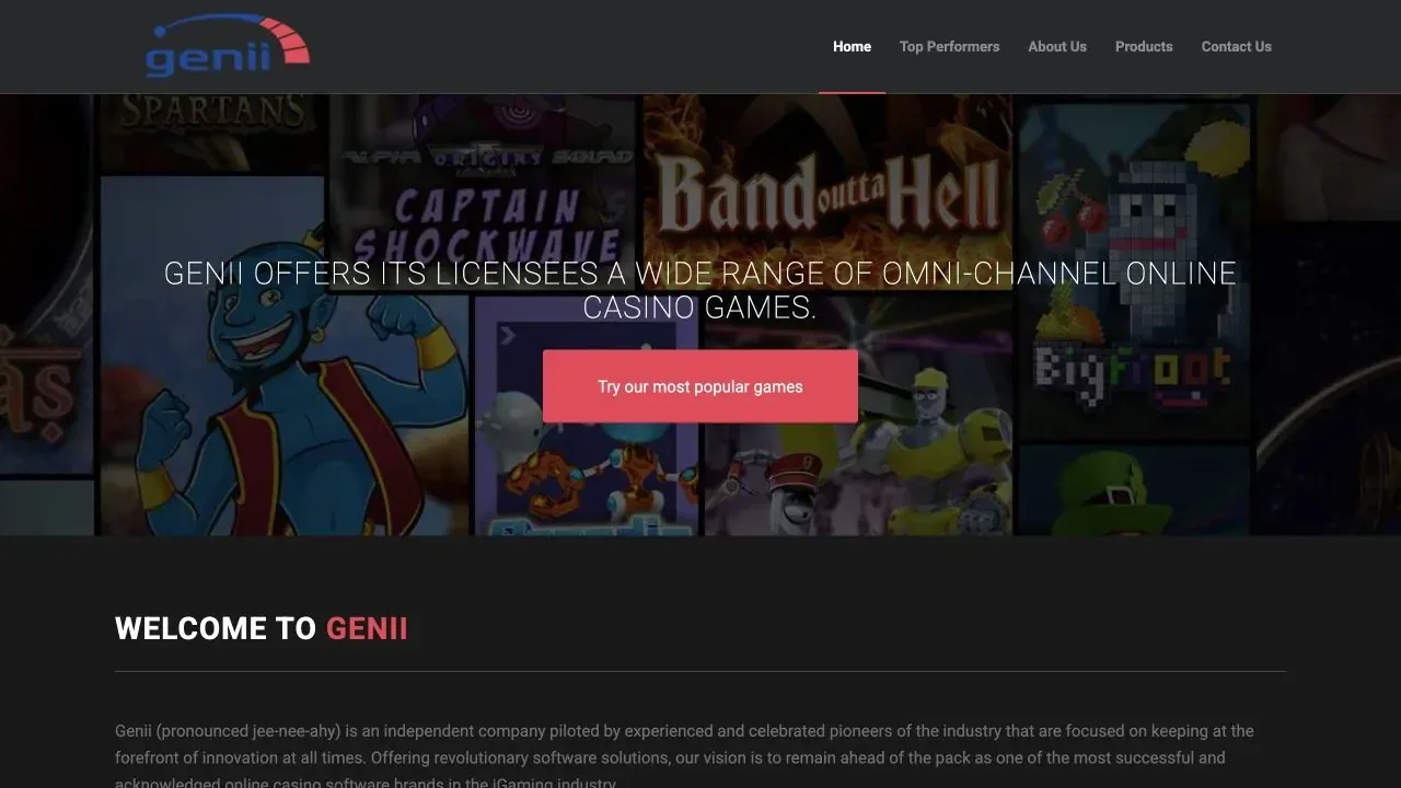 Clean screenshot of the official Genii casino game studio website