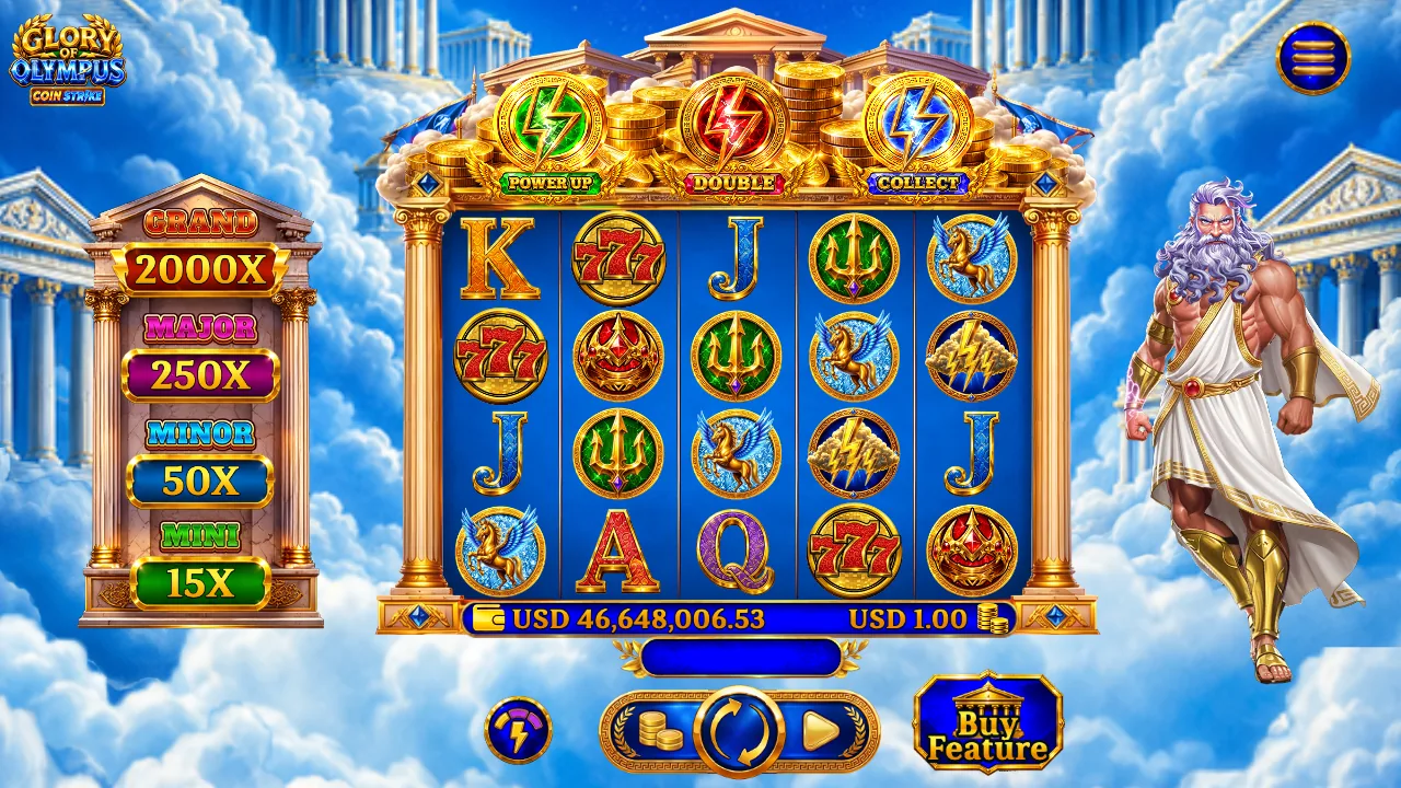 Glory of Olympus Coin Strike official loaded gameplay interface with active controls visible