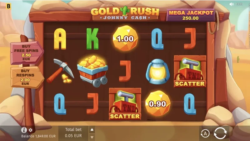 Gold Rush with Johnny Cash slot gameplay — mining themed reels with jackpot coins