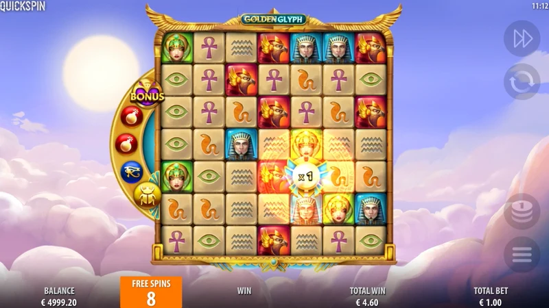 Golden Glyph slot gameplay — Egyptian cluster grid