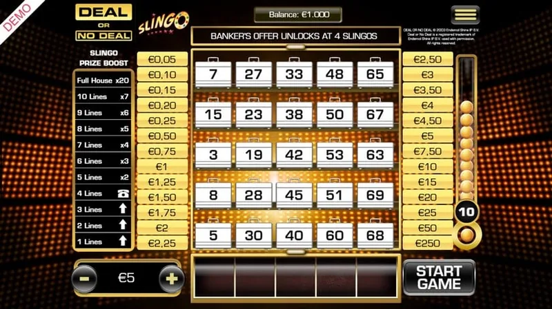 Deal or No Deal Slingo gameplay