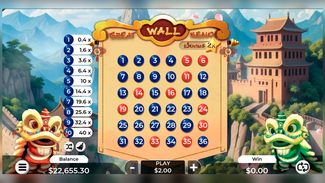 Great Wall Keno loaded game interface with active controls