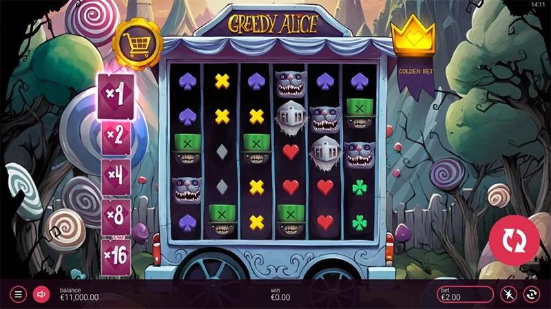 Greedy Alice slot gameplay — scatter pays candy grid