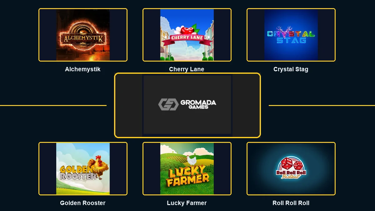 Gromada Games logo surrounded by six featured games