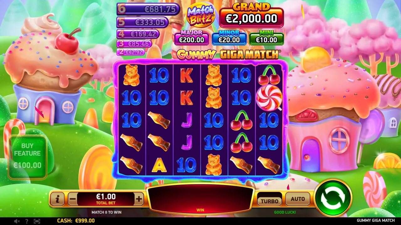Gummy Giga Match loaded RubyPlay gameplay screen with reels and controls visible