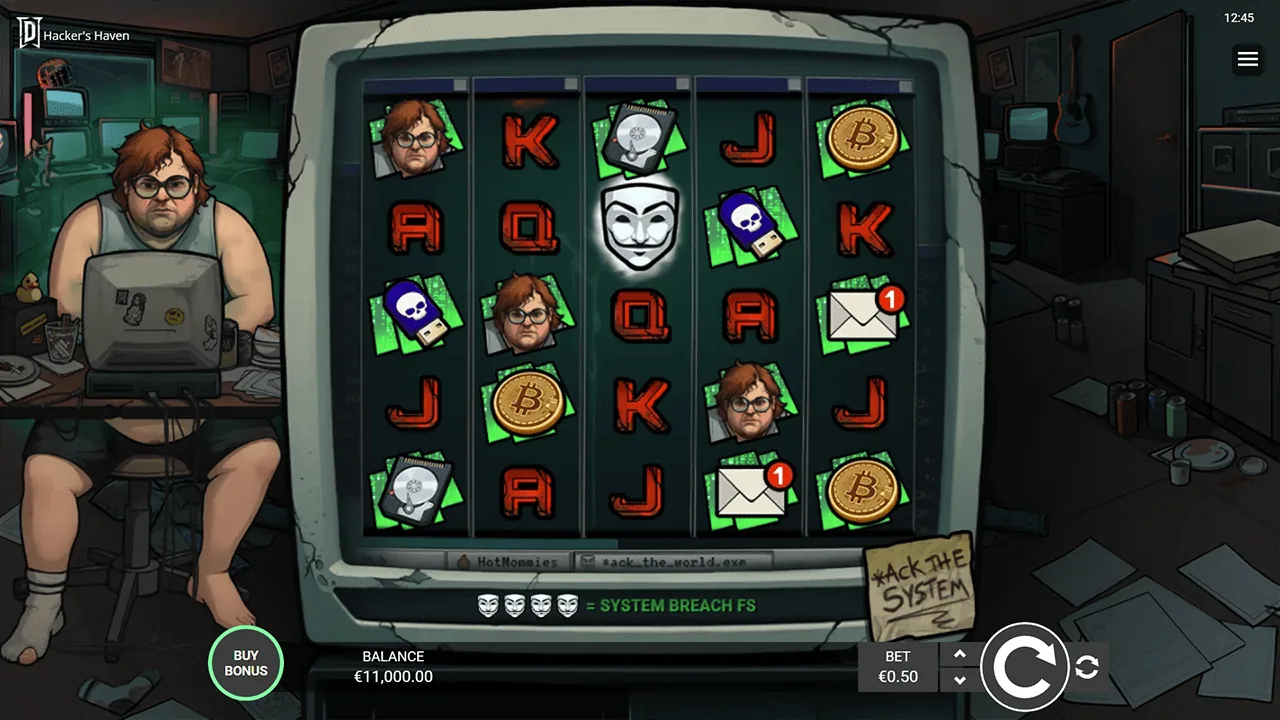 Hacker's Haven gameplay screenshot showing the reels and interface