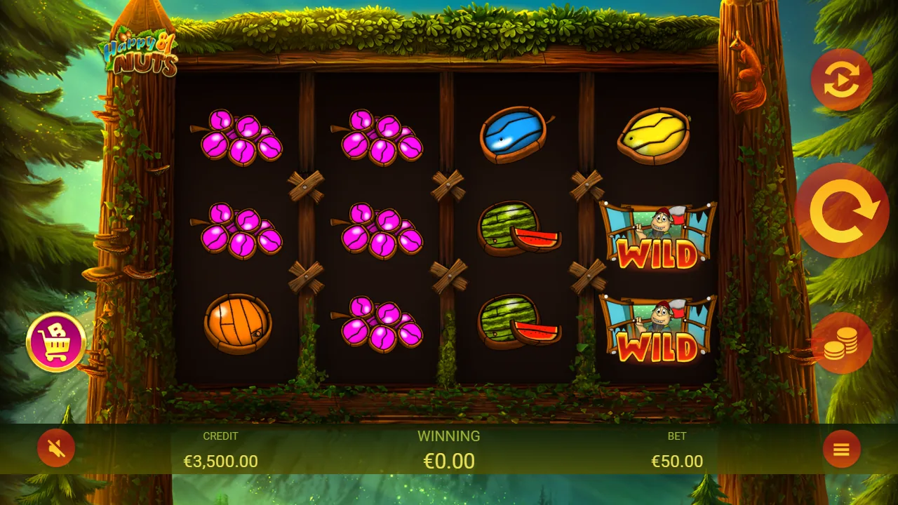 Happy Nuts 81 loaded gameplay interface with the game, controls and balance visible