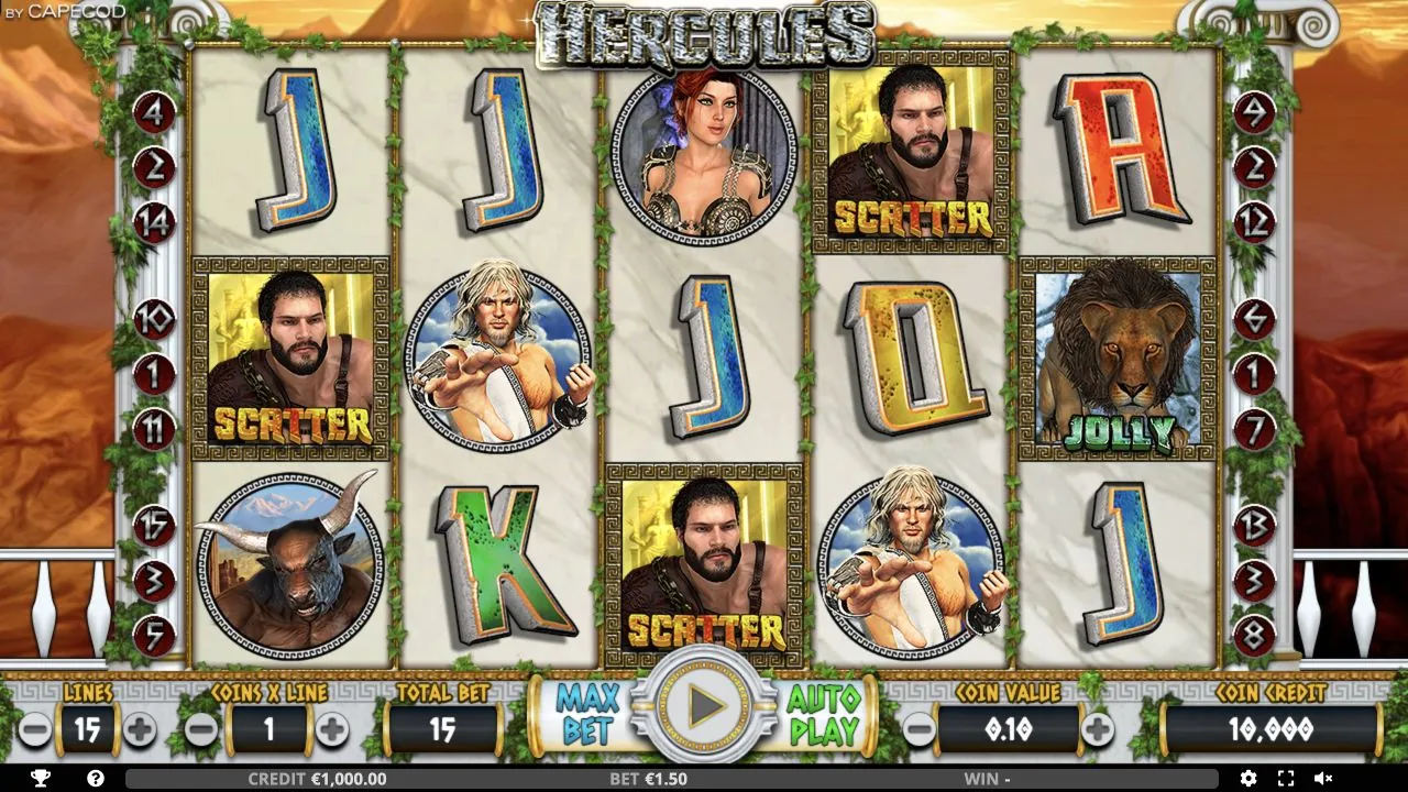 Hercules loaded gameplay interface with reels and controls visible