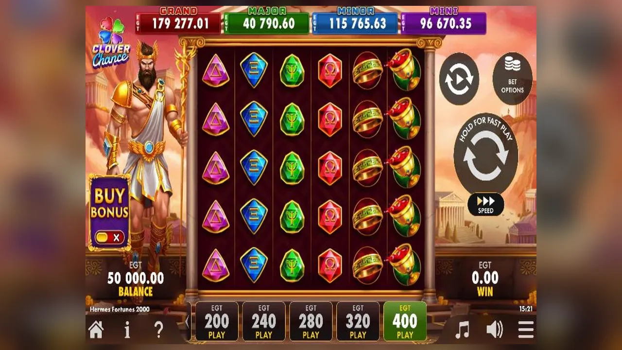 Hermes Fortunes 2000 loaded gameplay screen with the reels and controls visible