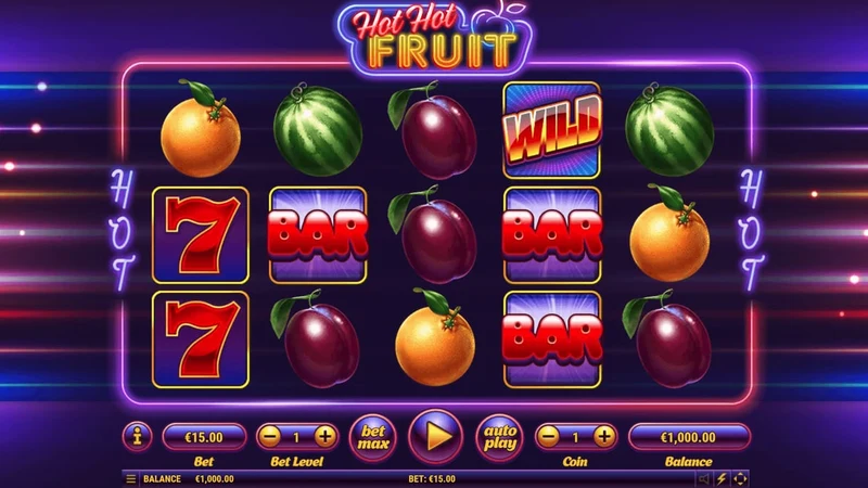 Hot Hot Fruit slot gameplay — neon fruit reels with sevens