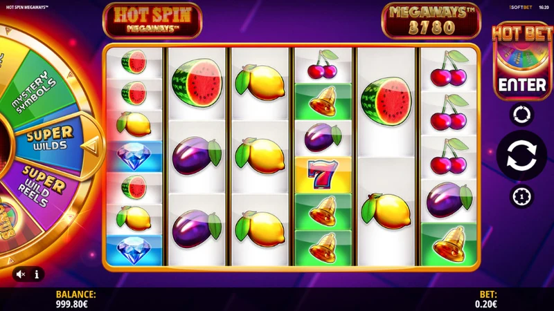 Hot Spin Megaways slot gameplay — neon fruit reels with bonus wheel