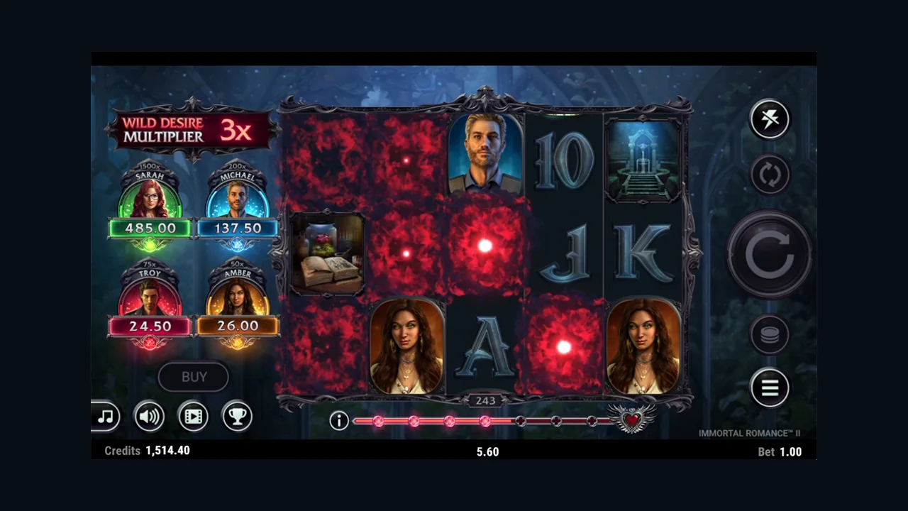 Immortal Romance II gameplay screenshot showing the reels or game interface