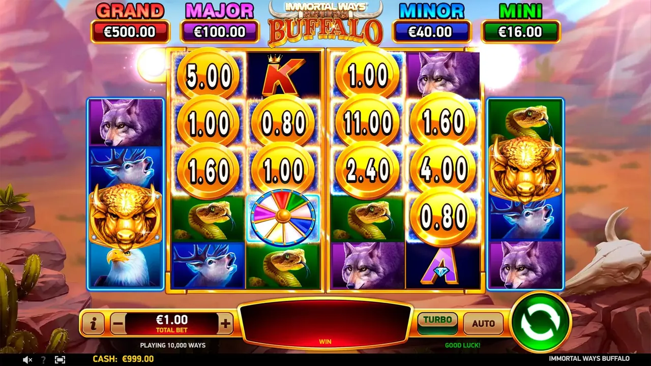 Immortal Ways Buffalo loaded RubyPlay gameplay screen with reels and controls visible