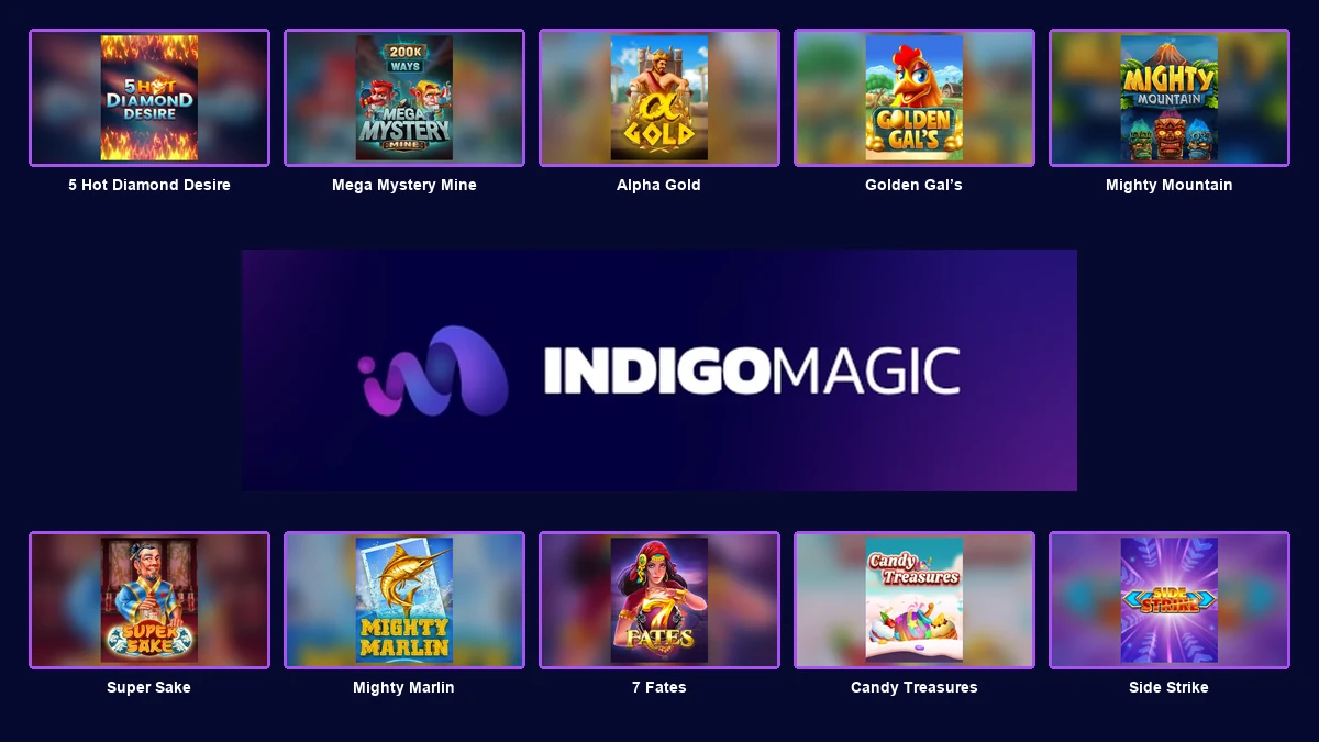 Indigo Magic logo centred between ten complete branded game thumbnails