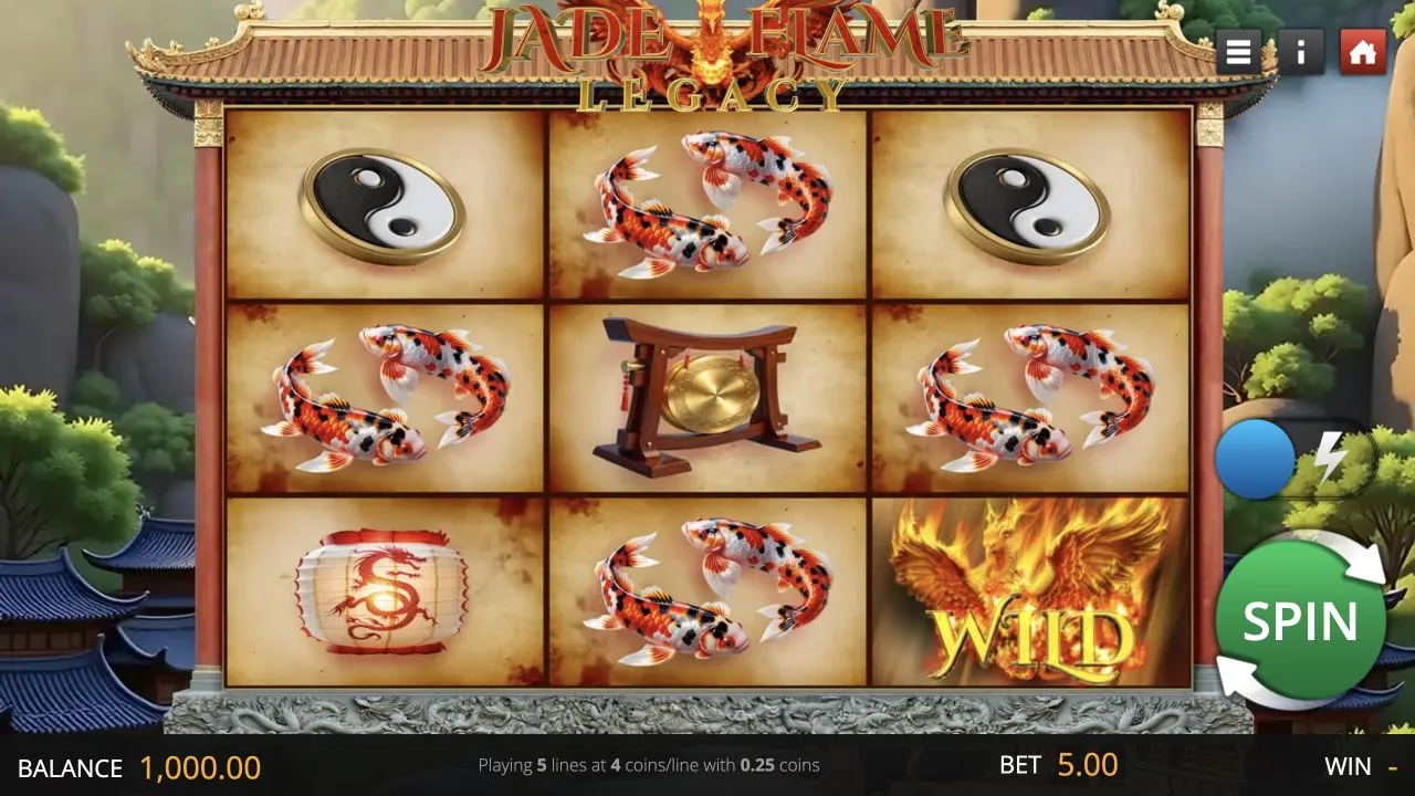 Jade Flame Legacy gameplay screenshot showing the reels and controls