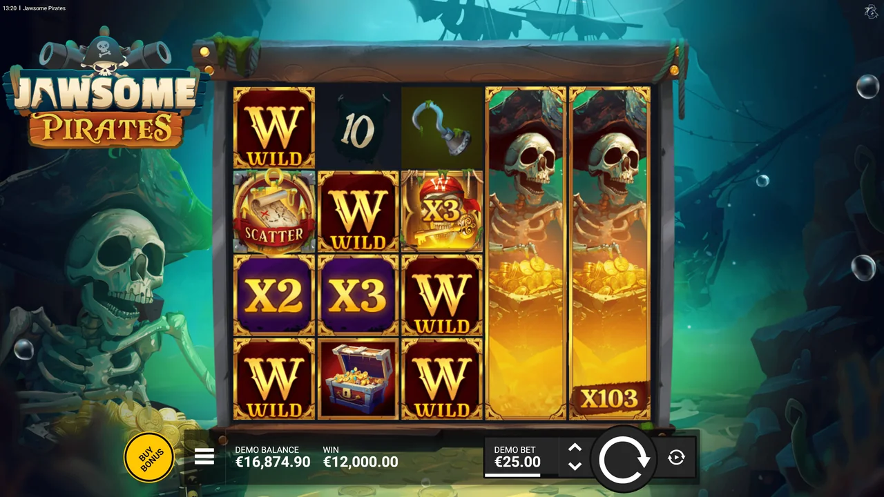 Jawsome Pirates gameplay showing reels and controls