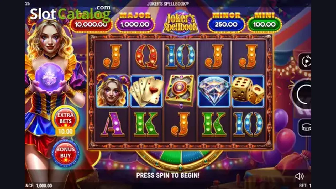 Joker's Spellbook gameplay screenshot showing the reels and interface