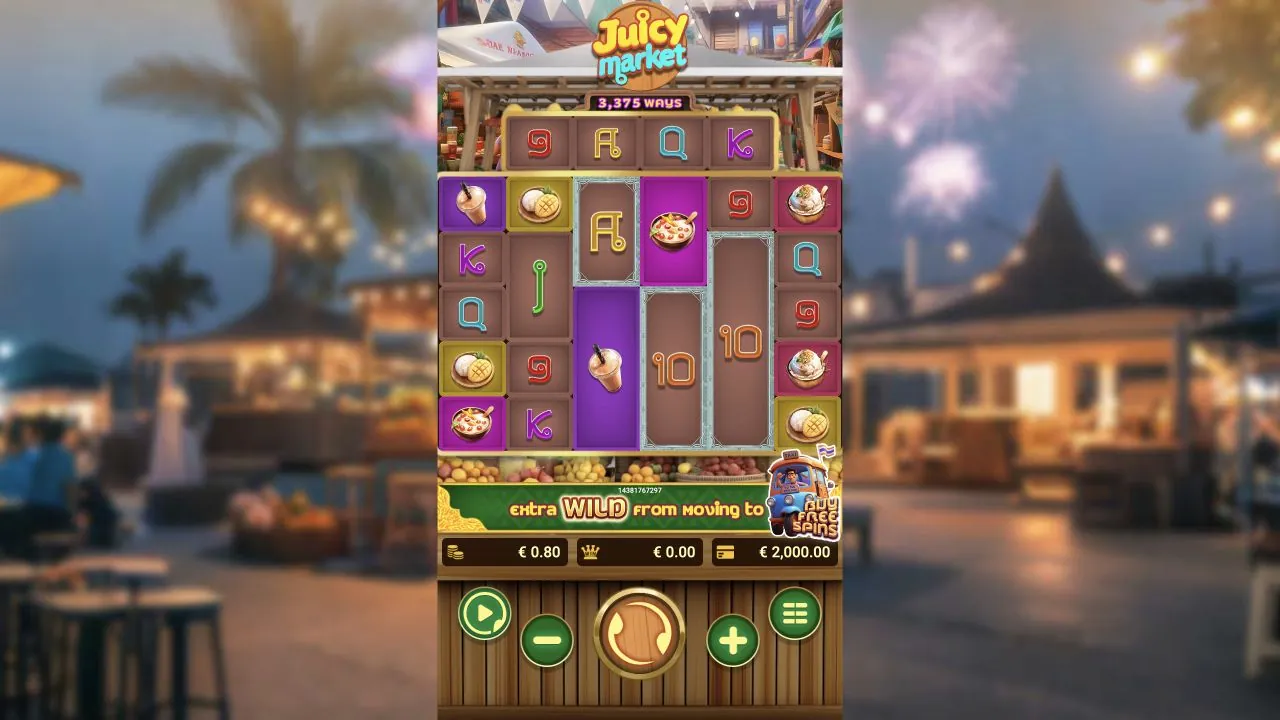 Juicy Market loaded gameplay interface with reels and controls visible