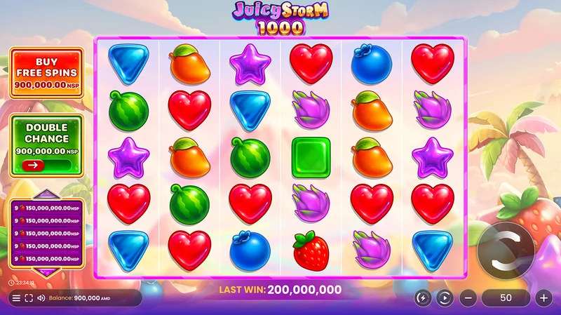 Juicy Storm 1000 slot gameplay — cluster pays fruit themed reels