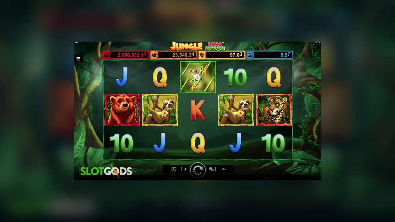 Jungle Mega Moolah gameplay screen showing the active game interface