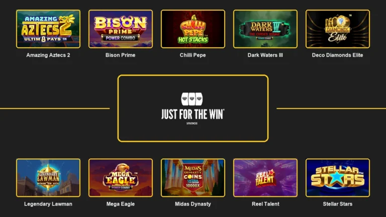 Just For The Win logo surrounded by ten official game thumbnails