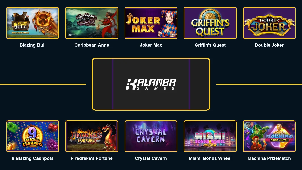 Kalamba Games logo surrounded by ten featured slot games