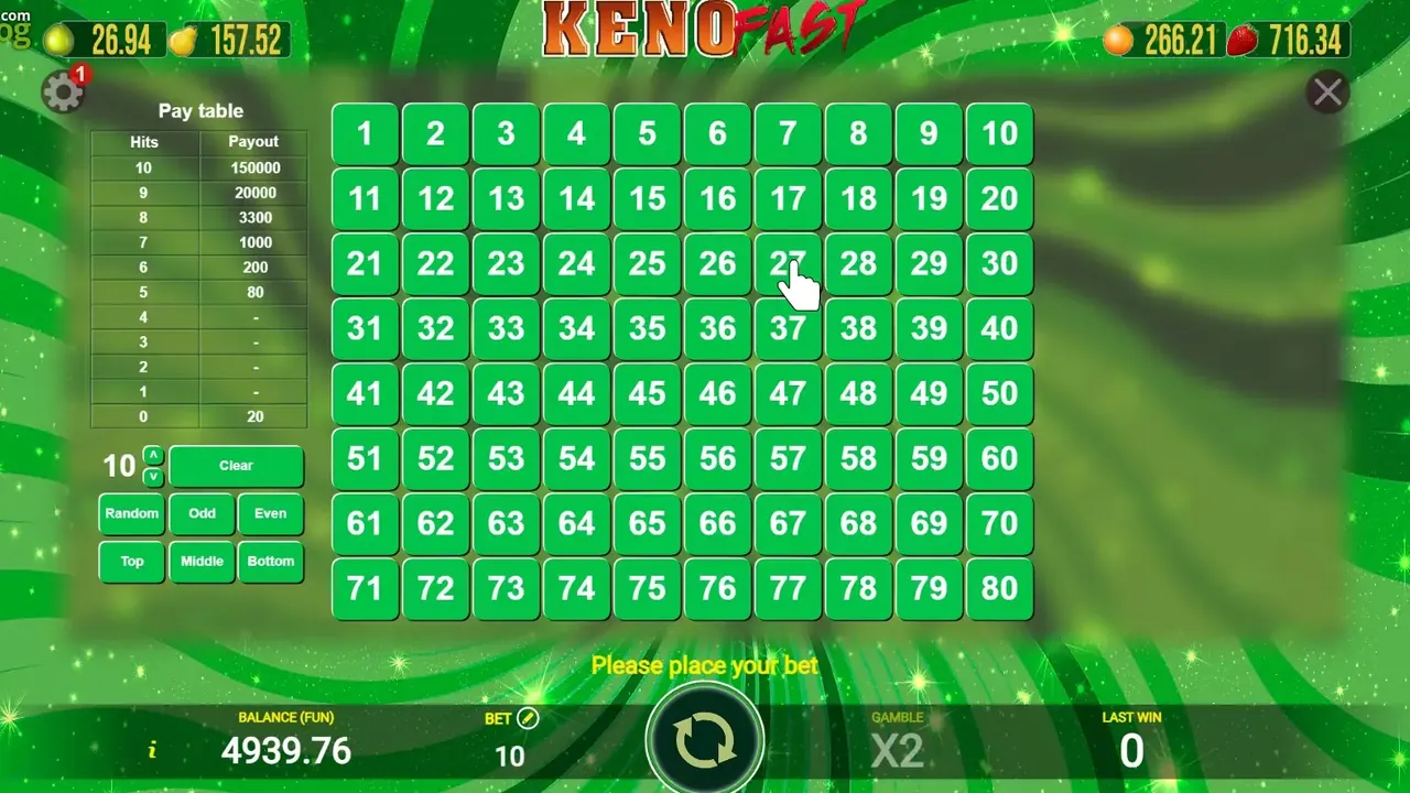 Keno Fast loaded gameplay interface with playing area and controls visible