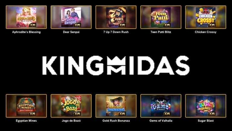 KingMidas Games logo centred between ten complete branded game thumbnails
