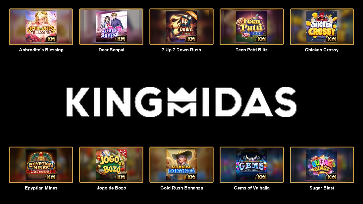 KingMidas Games logo centred between ten complete branded game thumbnails