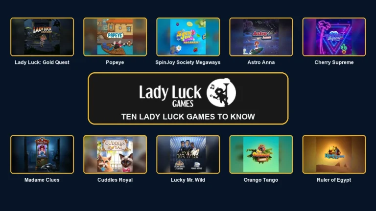Lady Luck Games logo surrounded by ten featured slots