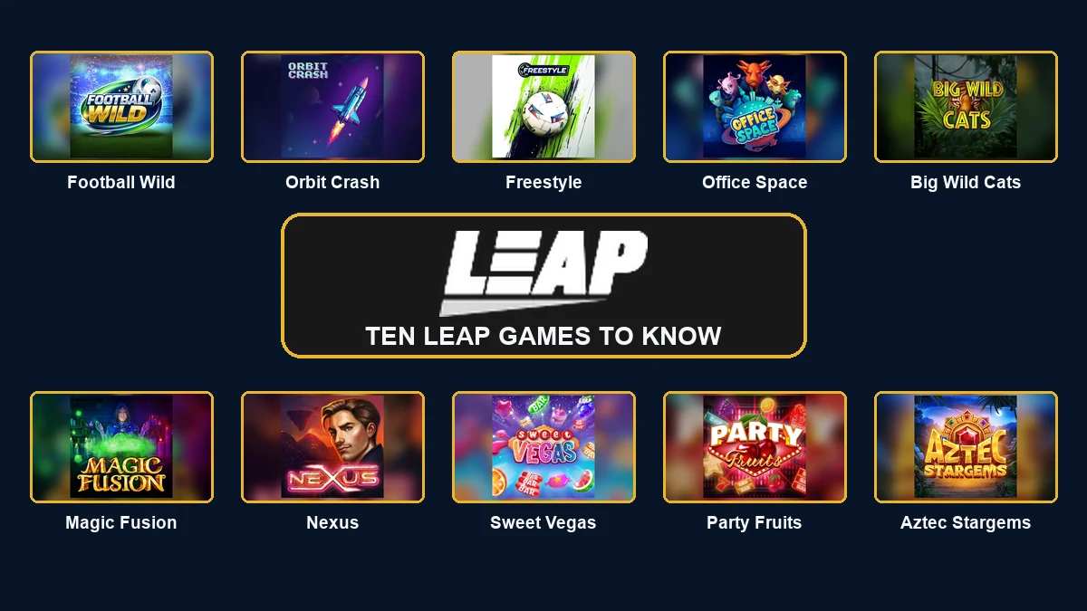 Leap Gaming logo surrounded by ten featured games