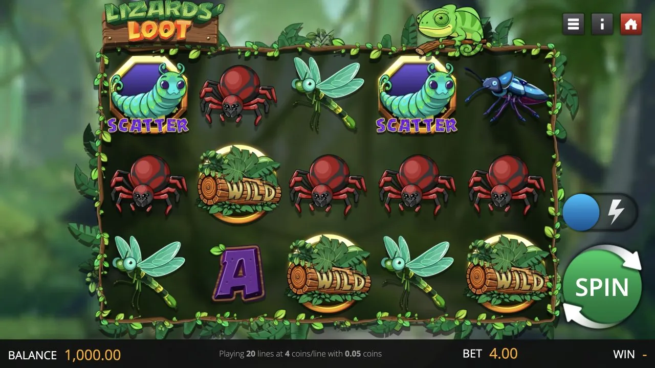 Lizards' Loot gameplay screenshot showing the reels and controls