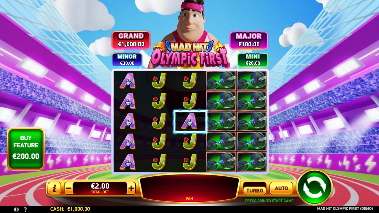 Mad Hit Olympic First loaded RubyPlay gameplay screen with reels and controls visible