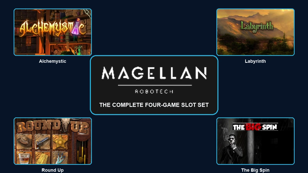 Magellan Robotech logo surrounded by its four slot games