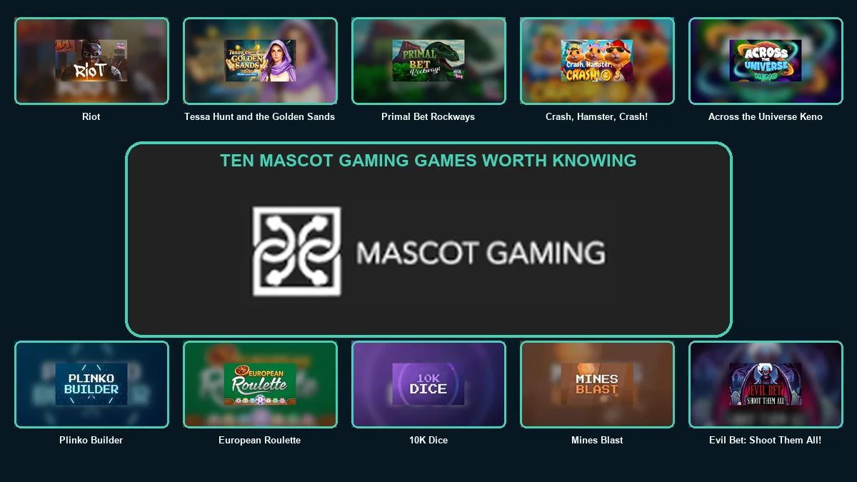 Ten Mascot Gaming thumbnails arranged around the large Mascot Gaming logo