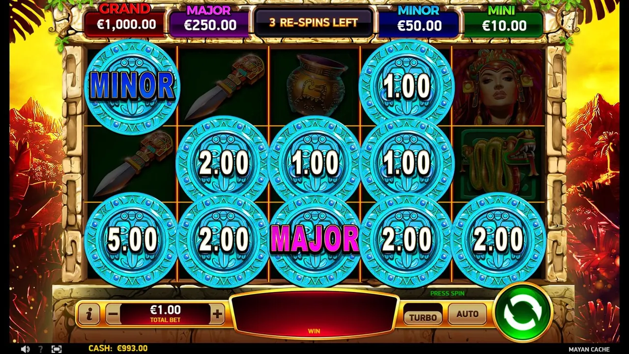 Mayan Cache loaded RubyPlay gameplay screen with reels and controls visible