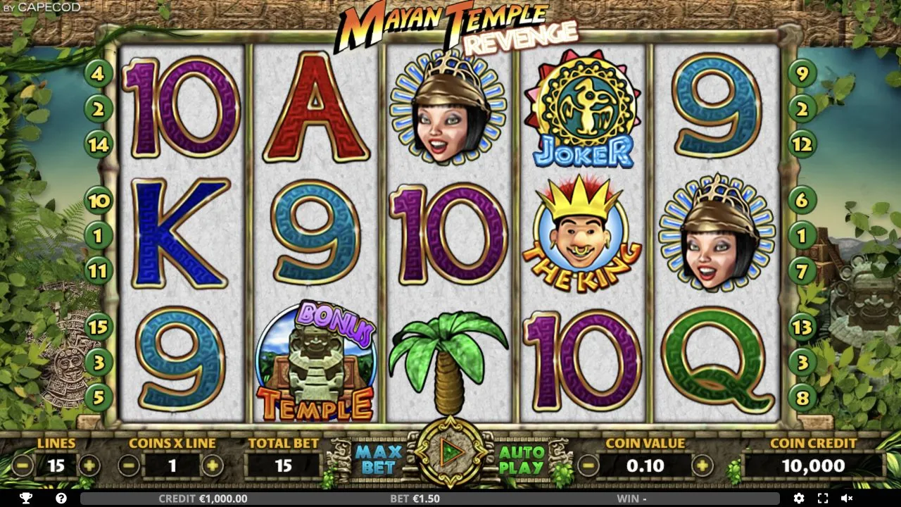 Mayan Temple Revenge loaded gameplay interface with reels and controls visible