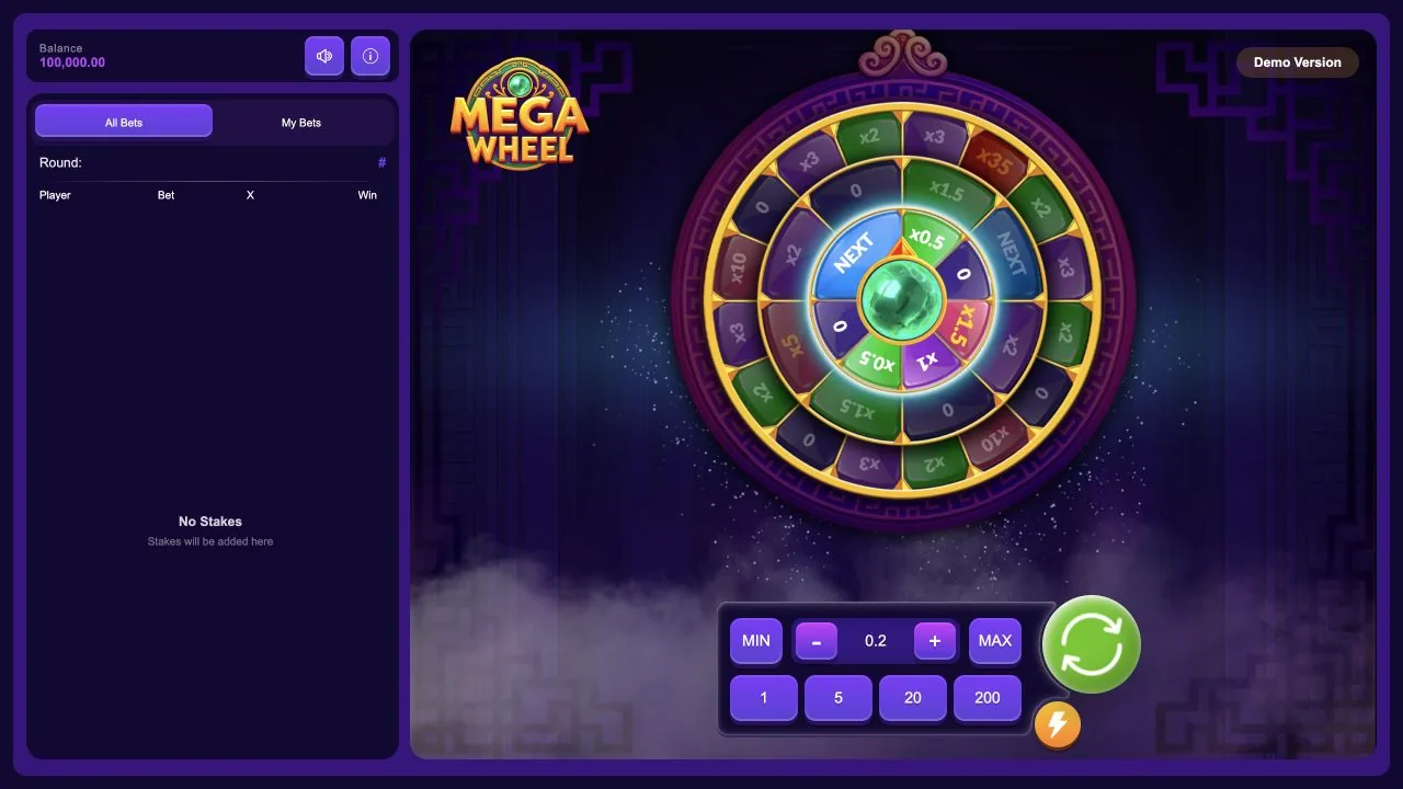 Mega Wheel loaded gameplay interface with the game controls visible