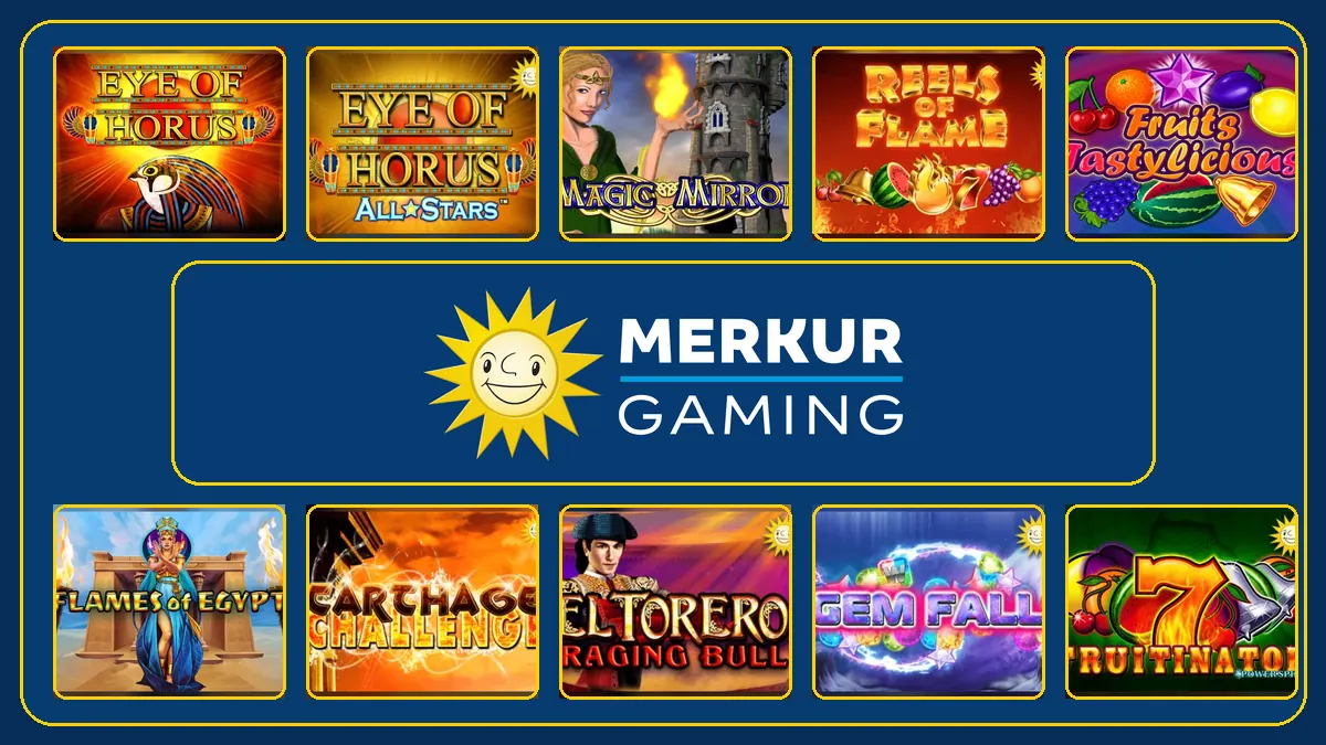 Ten Merkur game thumbnails arranged around the official Merkur Gaming logo