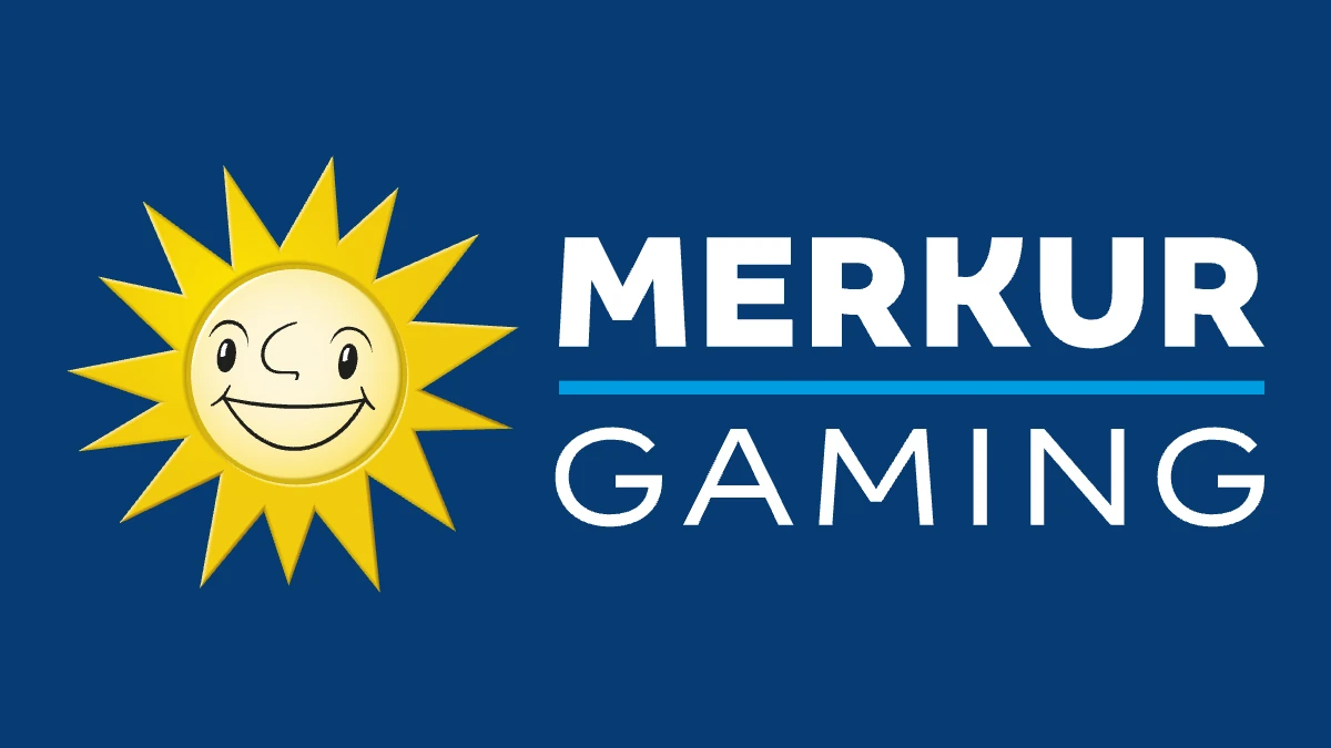 Official Merkur Gaming logo on its continuous blue brand background