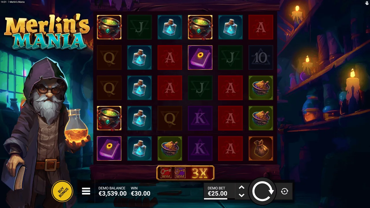 Merlin's Mania gameplay showing reels and controls