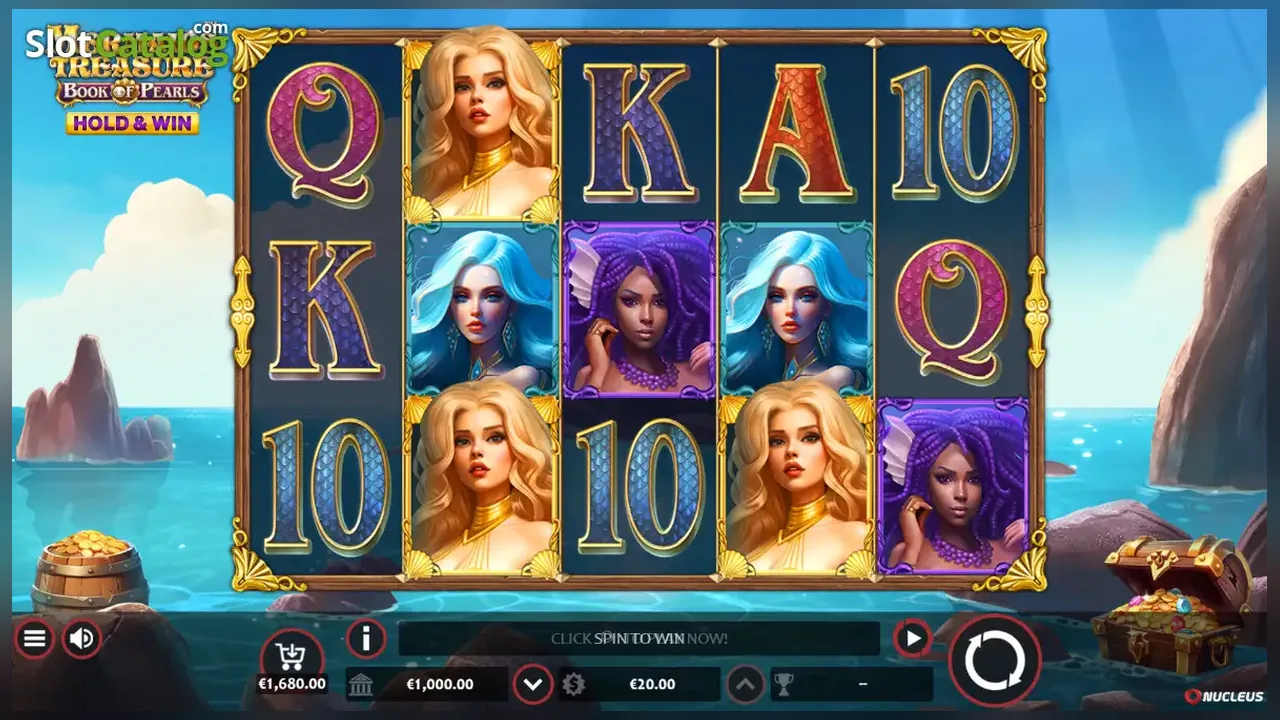 Mermaid's Treasure: Book of Pearls Hold & Win loaded gameplay interface with reels and controls